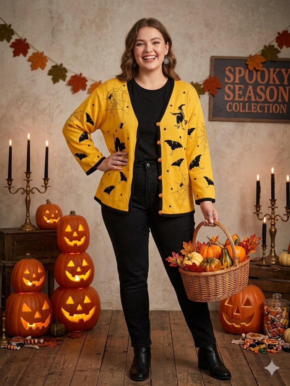 Vintage 90s Marisa Christina Halloween Cardigan Sweater Yellow Bats Cat XL